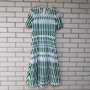 Vintage Dress Green White Vertical Geometric Stripes 32"B 27"W Retro 60s 70s
